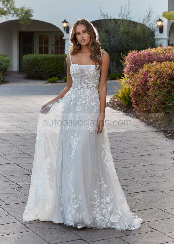 Square Neck Ivory Embroidered Lace Tulle Floral Wedding Dress